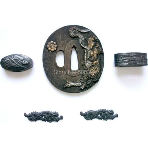 Alloy Tsuba Fitting Set For Japanese Samurai Sword Ninja Katana W/ Samurai