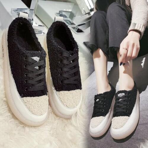 Colors Block Curly Fur Students Shoes Girls Cross Band Soft Soled Sneakers Women Winter Patchwork Lambs Fur Cotton Shoes Woman