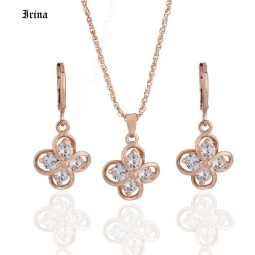 Fashion Jewerly 585 Rose Gold Color Luxury Cubic Zirconia Flower Pendant Necklace Earrings Set For Woemn Wedding Bridal Ear
