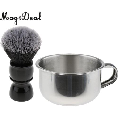 Men Barber Black Grooming Shaving Brush + Stainless Steel Shave Mug Cup Bowl with Handle Set
