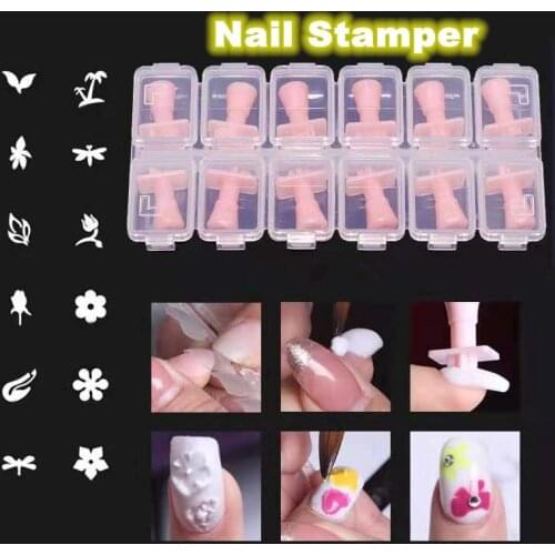 12pcs Set 3D Carved Nail Stamping Stamper Acrylic Template Mold NailArt tools Diy UV/Gel Decorating New Fashion Design