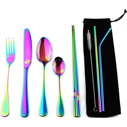 1-piece Stainless Steel Colorful Cutlery Set Rainbow Plated Dinnerware Creative Dinner Set Reusable Fork Knife Chopsticks Pouch