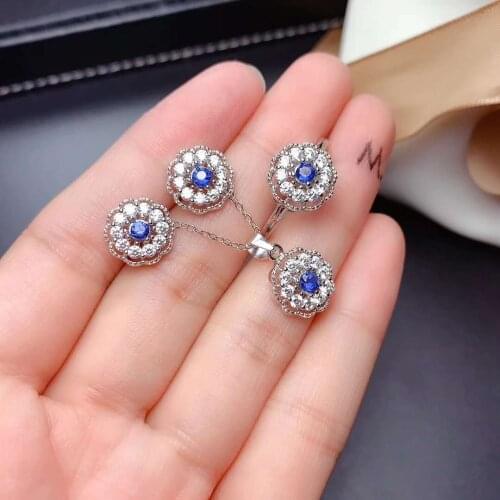 Real Natural Sapphire jewelry set Natural Real Sapphire 925 sterling silver 1pc pendant,1pc ring,2pcs Earring