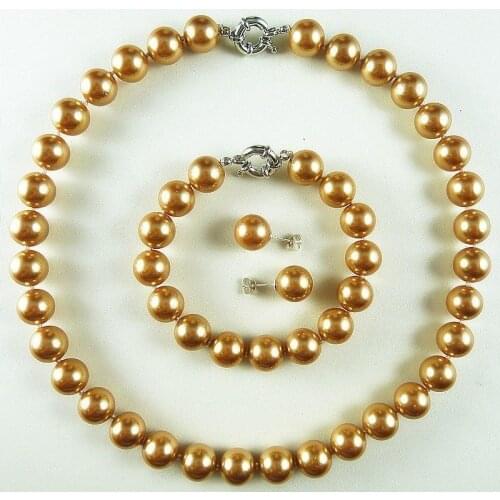 Natural pearl jewelry New 12mm champagne luxurious shell pearl bracelet & earring & necklace set Bridal hook