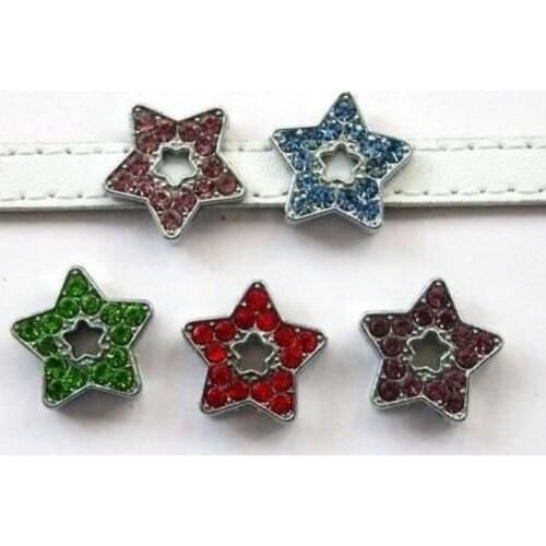 Wholesale 100pcs Mix Color Star Internal Dia.10mm Full Rhinestone slide Charms can through 10mm Belt Pet Collar Wristband
