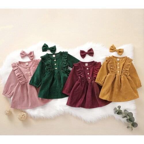 Lioraitiin 0-6Y Autumn Infant Baby Girls Dress Headband 2pcs Solid Ruffles Long Sleeve Bowknot Button A-Line Dress 4 Colors
