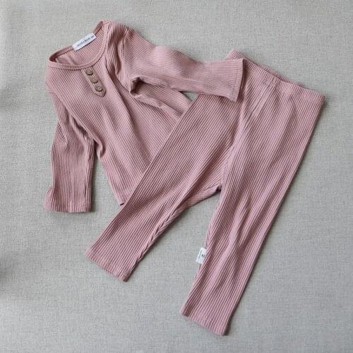 2020 New Baby Kids Pajamas Sets Ribbed Cotton Long Sleeved Tshirt+pants Girl Boy Clothing Autumn 2pcs Sleepwear Suit Pyjamas