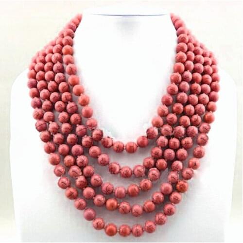 Woman Jewelry 8mm Red Howlite stone Choker Necklace Multilayer 5 Row Handmade Gift Exaggerate Charm