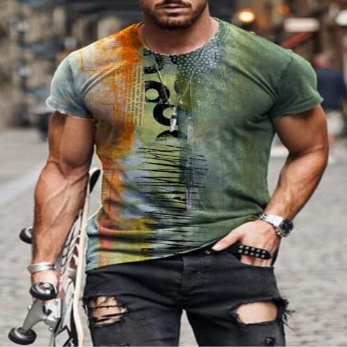 Abstract apparel printing casual top mens new fashion summer slim short-sleeved top O-neck T-shirt small version 2021