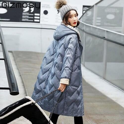 Gizmosy White Duck Down Coat Women Winter Female Knitted Hat Stitching Hooded Puffer Jackets Casual Loose Oversize Warm Outwear