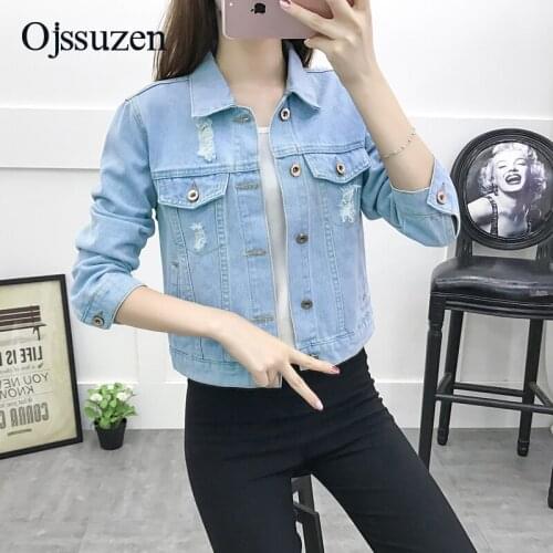 Ripped Hole Jeans Jackets Womens Blue Fashion Coats Basic Jacket Female Slim Ladies Jackets Short Autumn Womens Coat Korean