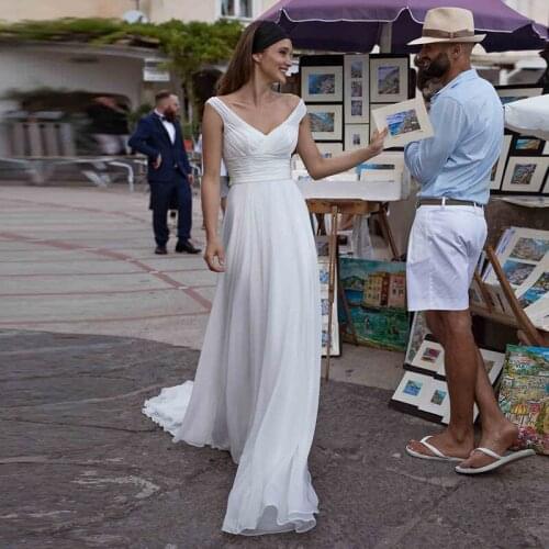 LORIE Wedding Dresses 2019 Princess V Neck A Line Chiffon Pleats Sweep Train White Bride Dress Beach Wedding Gown Free Shipping
