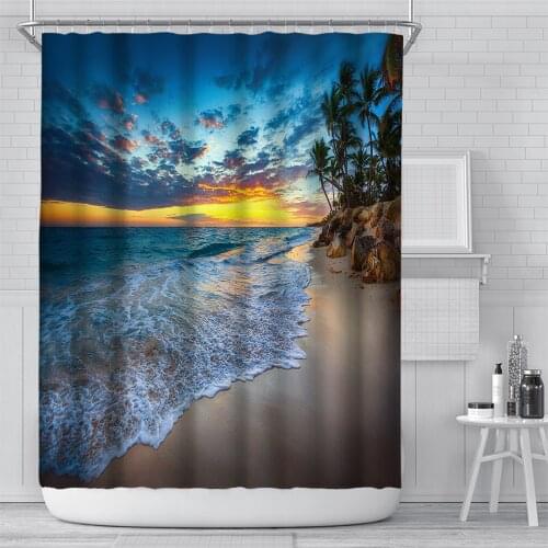 3D Seascape Beach Printed Fabric Shower Curtains Bathroom Curtain Bath Screen Waterproof Products Home Decor with Hooks