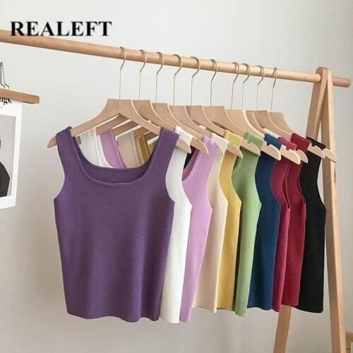 REALEFT 2021 New Women Summer Basic Crop Top Short Fashion Houndstooth Sleeveless Knitted Tops Vest Ladies Stretchy Camis Female