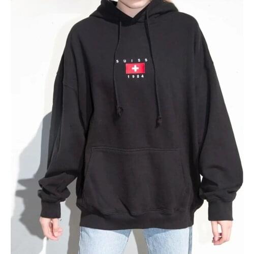 Oversized Cotton Hoodie Autumn Winter Women Hoodie Ultimate Embroidery Swiss flag Hooded Sweatshirt