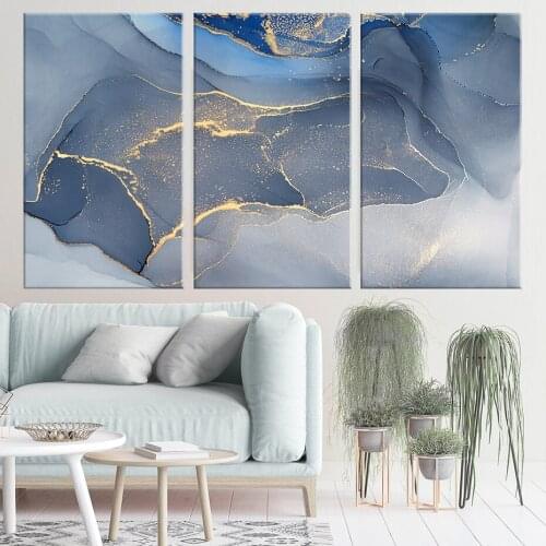 Modern Abstract Blue Gold Marble Canvas Painting Alcohol Ink Colored Wall Art Prints Pictures Posters for Living Room Home Decor