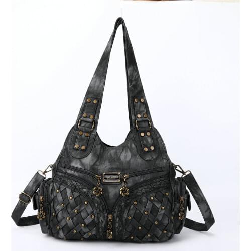 Angelkiss Purse Rivet-Decorated Washed PU hobo Women Handbag Large Capacity Lady Messenger Tote with Adjustable Long Strap