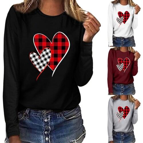 Women Long Sleeve Valentine Day Ladies Sweatshirt Lovely Hearts Splicing Printing Solid Color All-match Girls T-shirt