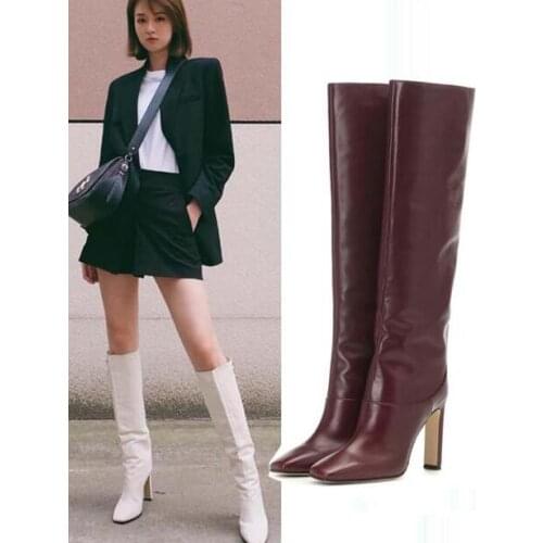 Woman Black Burgundy White Brown Leather 9 cm Square Heels Knee High Boots Square Toe Slip On Tube Long High Top Boots Shoes