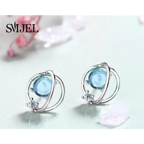 SMJEL Galaxy Planet Earrings For Women Blue Crystal Ball Stud Earings Ear Studs For Kids and young People Jewelry Gift 2019