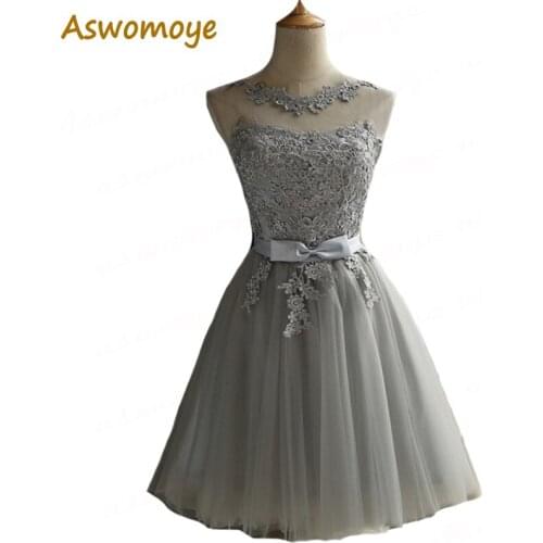 Aswomoye Women Short Evening Dress 2018 Elegant Appliques Bow Wedding Party Dress Illusion O-Neck Prom Dress Robe De Soiree