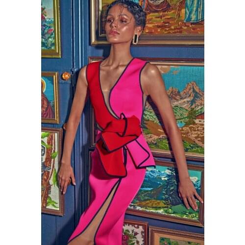 Bandage Dress for Women Summer Rose Red V Neck Sleeveless Rayon Bandage Dress Elegant Mesh Insert Lady Sexy Evening Club Outfits