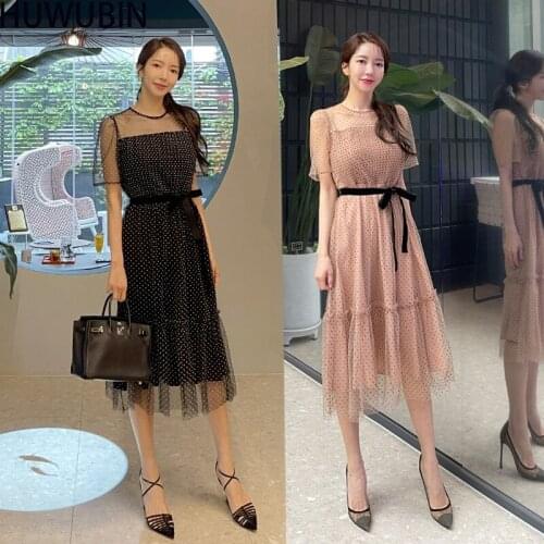 2021 Summer Korean Womens Chic Temperament Round Neck Wave Dot Mesh Long Waist Slim Fairy Fashion Leisure Holiday Dress
