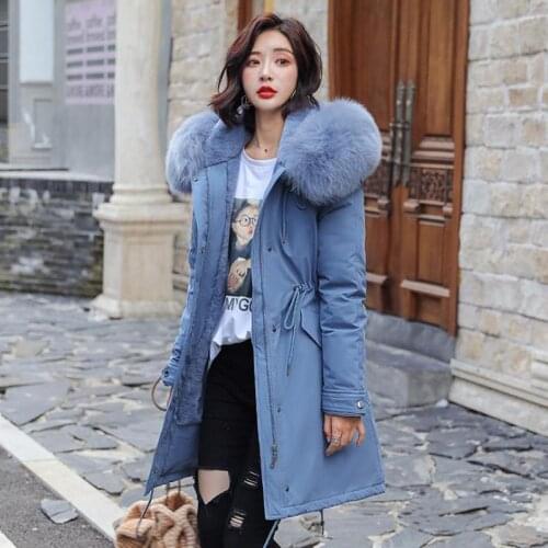 Zuolunouba Winter High Street Women Long Coat Loose Harajuku Slim Female Cotton Top Keep Warm Hooded Thick Clothes Smoky Blue