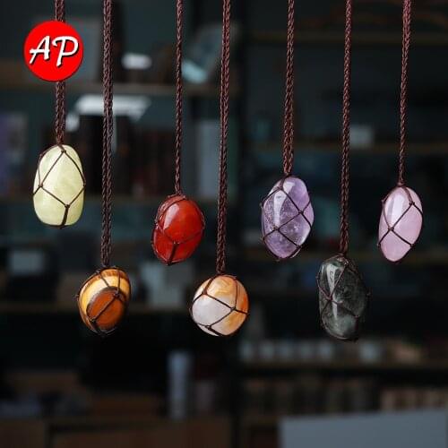 1pc Natural Gemstone Large Grain Crystal Pendant Polished Rose Quartz Reiki Gift Necklace Craft With Weave Rope