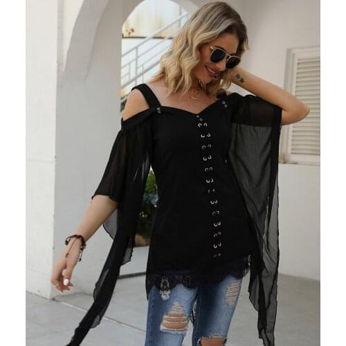 2021 European and American autumn new V-neck irregular black off-the-shoulder strapless waistband women thin T-shirt female W903