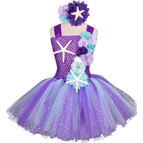 Sparkly Tulle Mermaid Flower Girls Cosplay Tutu Dresses with Flower Headband Birthday Photograph Costumes for Kids Baby Girls