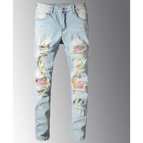 New Mens Patchwork Bandanna Paisley Printed Biker Jeans Light Blue Holes Ripped Skinny Stretch Denim Pants Trousers Size 28-40