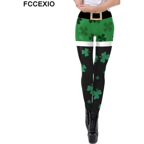 FCCEXIO Saint Patricks Day Leggins Women Shamrock Pencil Pants Clothes Skinny Plus Size Lucky Clover Legging Carnival Pants