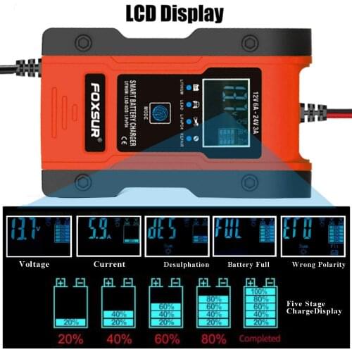 FOXSUR 6A 12V 24V Car battery charger, Lithium-ionLithium polymer battery Charger, 7-segment automatic smart car battery charger