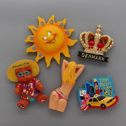 Fridge magnetic refrigerator tourism souvenir Danish crown Spanish Fongirola Atlantic City USA New York Times Square French Arc