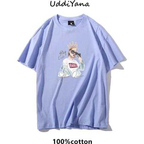 Summer Womens T-shirts 100% Cotton Kawaii Print Oversize Short sleeve Clothes Tee Fashion Y2K Clothing Casual Loveliness Tops