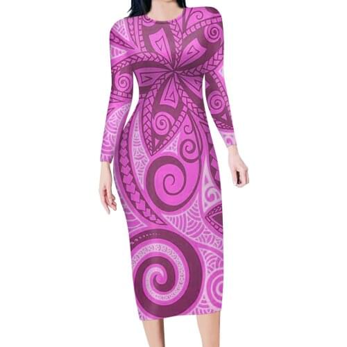 HYCOOL Polynesian Tribal Hawaii Flower Print Vintage Autumn Dresses Women Dress Elegant O-neck Bodycon Work Office Vestidos