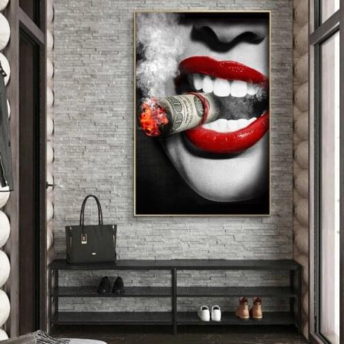 Women Smoking Canvas Painting Sexy Red Lips Cool Portrait Posters and Prints Cuadros Wall Art Picture for Living Room Home Decor