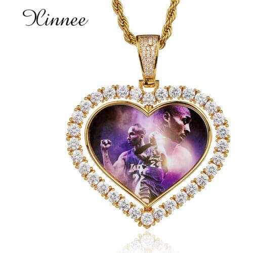 Custom Made Photo Rotating Double-Sided Heart Pendant Necklace Zircon Mens Hip Hop Rock Jewelry
