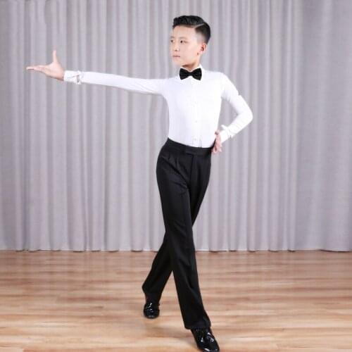 Professional Latin Dance Costumes Boys Competition Performance Costume Rumba Samba Dance Wear White Shirts Black Pants DQS3749