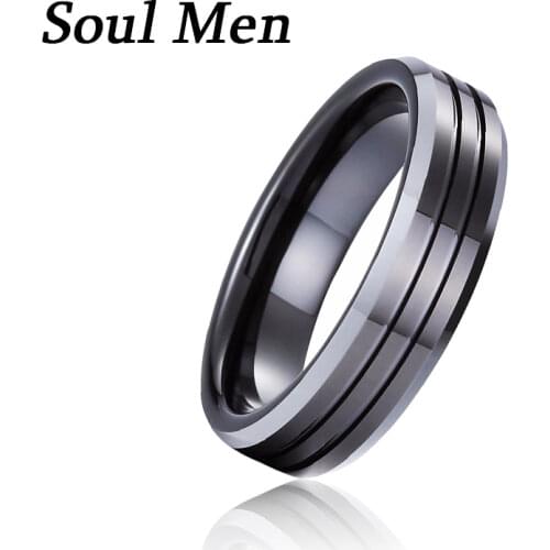 Male Classic Wedding Band 6mm Black Tungsten Carbide Grooved Ring for Men Women USA size 11 12 13