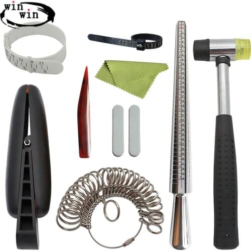 10pcs Ring Size Sets With Standard Circle Sets Finger Gauge Ring Sizer Measuring Rubber Jewelry Hammer and Polishing Tools