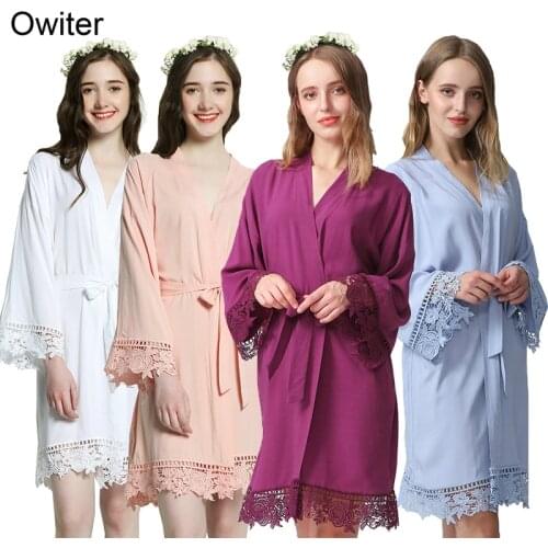 Owiter Rayon Cotton Kimono Robes Wedding Solid Bride with Lace Trim Women Wedding Bridal Robe Short Belt Bathrobe 15 Color Gown