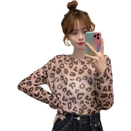 Leopard print bottoming shirt 2021 new slim sexy inner wear spring and autumn thin mesh long-sleeved female sunscreen P3 1163