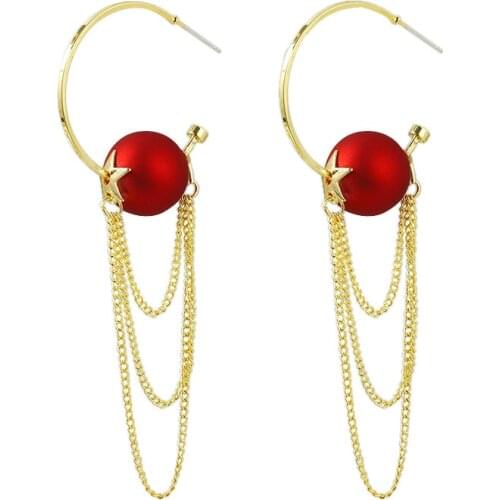 New Earrings Fashion Jewelry Imitation Pearl Temperament Long Tassel Simple Statement Red Imitation Pearl Earrings Wholesale