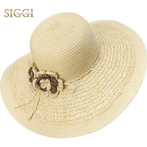 FANCET Summer Beach Womens Straw Hats Solid Crocheted Flower Wide Brim Foldable Adjustable Straw Sun Hats For Women Female 89031