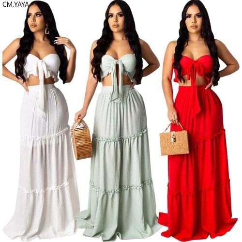 CM.YAYA Women Solid Beach Bohemian Maxi dress Bow Strapless Crop Top Cascanding Ruffles Long Skirt Suit Two Piece Set Tracksuit