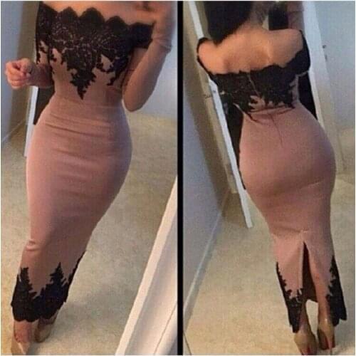 Vestido De Festa Sexy Mermaid Prom gown With Long Sleeves Black Appliques Sheath Boat Neck Backless Women bridesmaid dresses