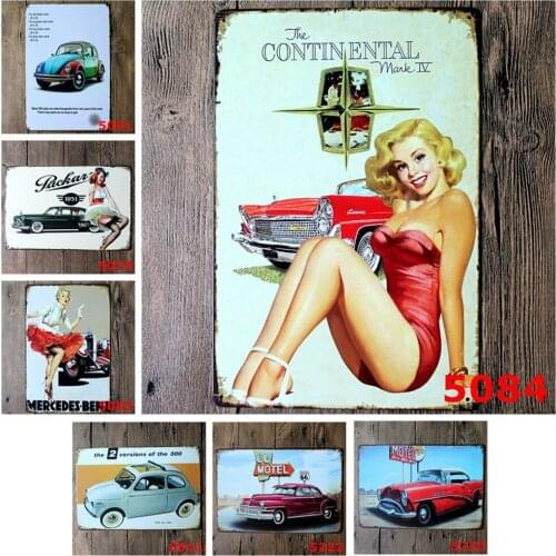 Lady and The Continental Make Vintage Tin Signs Packard Route 66 Motel Vacancy Fiat 500 Car Garage Bar Decoration Wall Poster