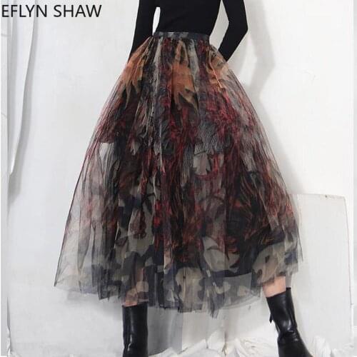High Street Skirt for Women Long Ball Gown Elastic Waist Printed Irregular Gauze Skirt Dark Gothic Color A-line Mid-length Skirt